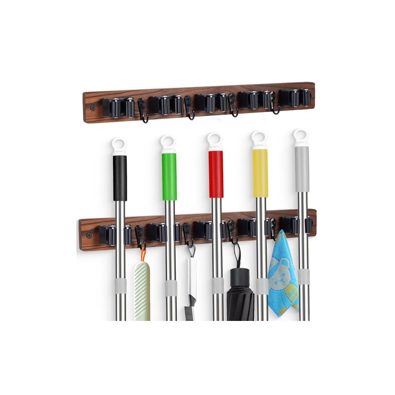 2 PACK Broom Holder Wall Mount With 5 Slots &