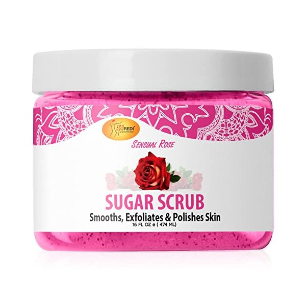 SPA REDI – Sugar Body Scrub, Exfoliating, Moisturizing, Hydrating and Nourishing, Glow, Polish, Smooth and Fresh Skin - Body Exfoliator (Sensual Rose, 16 oz)