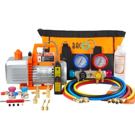 BACOENG 4.5CFM AC Vacuum Pump and Gauge Set, 4-Way HVAC Vacuum Pump Kit with Leak Detector for R134a R410a R22 Refrigerants AUTO/Mini Split System, with R134a Quick Couplers, Can Tap and 4x5FT Hoses