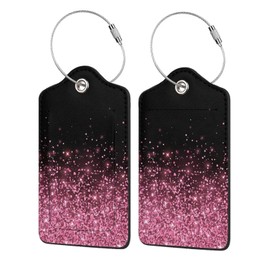 Hot Pink Leather 2 Luggage Tags for Suitcases Rose Gold Red Glitter Travel Bag Suitcase Labels with Stainless Steel Loop ID Tags Card Baggage Bag LabelP