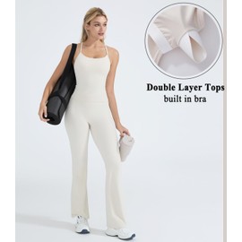 OMKAGI 2 Piece Workout Sets for Women Padded Tank Tops Flare Leggings Pilates Outfits(XS,449-Apricot)