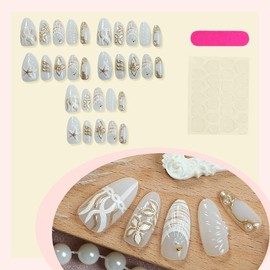 30Pcs Handmade Acrylic Press on Nails Medium Almond Fake Nails Summer Ocean Theme False with 3D Starfish Jellyfish Pearl Designs Handmade Acrylic Nails Press ons Full Cover Glue on Nails for Women