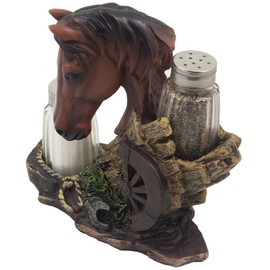 Home 'n Gifts Chestnut Resin Shaker Set with Horse Holder, 3 Pieces, 6 x 3 x 2 inches, Western Ranch Decor, Country Farm Kitchen Table Centerpiece, Gift for Farmers