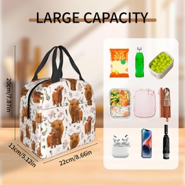 Highland Cow Insulated Lunch Bag, Pink Floral Kids Lunch Bag, Portable Lunch Bags for Women with Front Pocket, Reusable Leakproof Cooler Bag for School Work Picnic Travel Outdoor