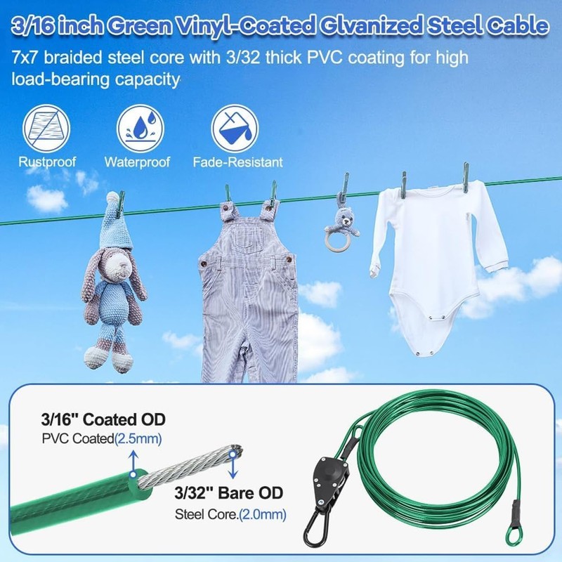 TooTaci 15ft Outdoor Clothesline Kit, 3/16" Green PVC Coated Wire