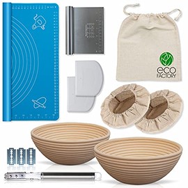 Eco Factory Professional Bread Proofing Basket Set of 2 - 9 inch Round Baskets Sourdough Bread Making Kit 100 Natural Indonesian Rattan Baskets Stainless Steel Accessories - Designed in Switzerland
