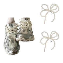 FloralGrace Pack of 2 Pearl Bow Shoe Jewellery Shoelaces Charms Shoe Pendant Chain Charms Accessories for Casual Shoes Sneakers for Teenagers Women Adults, Pearl