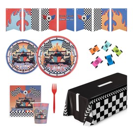Racecar Party Decorations Set - Race Car Party Supplies Kit With Free Mini Racecar Table Game, Includes Plates, Napkins, Cups, Tablecloth, Forks, Banner, Cars, Celebration Set For Birthday | Serve 20