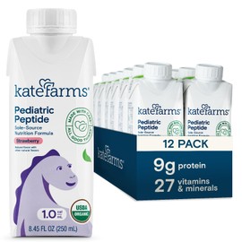 KATE FARMS Organic Pediatric Peptide 1.0 Formula, Strawberry, Sole-Source Hydrolyzed Plant-Based Nutrition for Oral or Tube Feeding, 8.45 oz (12 pack)