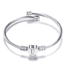 VQYSKO Silver Heart Initials Bracelet-A-Z Stainless Steel Engraved Charm Bracelet, Woman Jewelry Birthday Festival Gift (Silver U)