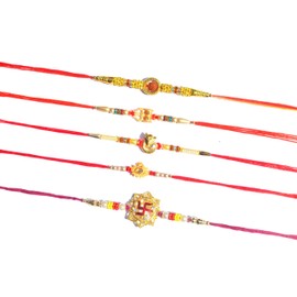 Spiritual Rakhi Set of 5 for Brother – Designer Religious Rakhis with Rudraksha, Swastik, Trishul & Ganesha Motifs – Raksha Bandhan Gift Combo