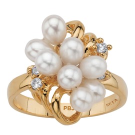 Yellow Gold-plated Oval Shaped Genuine Cultured Freshwater Pearl and Round Crystal Cluster Ring Sizes 6-10, pearl, crystal