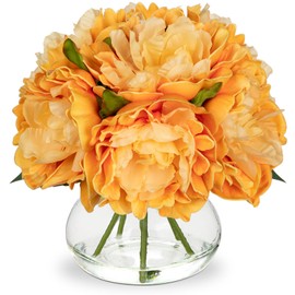 Hollyone Orange Peonies Artificial Flowers in Vase Fall Faux Flowers Peony Fake Flowers Silk Flower Arrangements with Glass Vase with Faux Water for Home Decor Bathroom Table Centerpiece Decorations