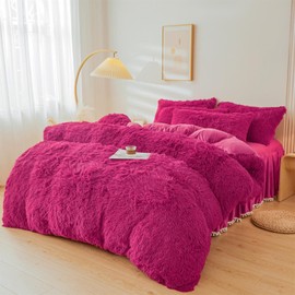 ERLOXO Fluffy hot Pink Comforter Cover Set Queen ，Fluffy Fuzzy Plush hot Pink Bedding 3Pcs (1 Faux Fur Duvet Cover +2 Faux Fur Pillowcases) hot Pink Fluffy Bed Set(Hot Pink, Queen)