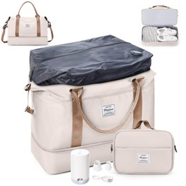 Overnight Weekender Bags for Women,Vacuum Travel Duffel Bag with Air Pump, Personal Item Travel Bag with Shoes Compartment & Compression Pocket,Beige & Brown