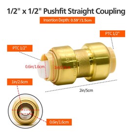 2 Pack Push-to-Connect Plumbing Fittings, 1/2" Pushfit Straight Fittings with Disconnect Clip for Copper, PEX, CPVC Pipe