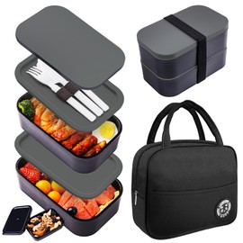 Bento Box with Lunch Bag Microwavable All-in-One Meal Prep Compartment Lunch Containers with Utensils Leak Resistant Lunch Box with Sauce Container 60oz Gray