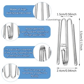 60 Stainless Steel Curtain Hooks and Pins - 4 Prongs Pinch Pleat Drapery Hooks for Window and Shower Curtains