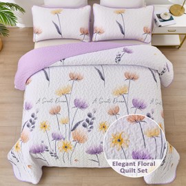 Dinjoy Floral Quilt Set Twin Size, Purple Bedspreads 2 Pieces Cute Bedding Set Lightweight Farmhouse Quilts Soft Flower White Coverlet Bed Sets for Summer Women 68"x86"