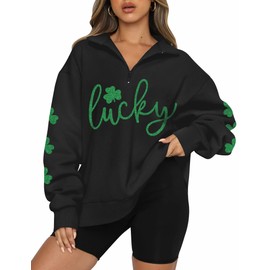 ALIREVERIE Womens St Patricks Loose Fit Holiday Shirts Shamrock Irish Oversized Quarter Zipper Sweatshirt Glitter Lucky Clover L