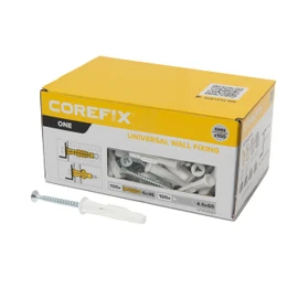 Corefix ONE Universal Wall Plugs & Screws Pack of 100, Medium Duty (60kg in masonry) Wall Fixing Suitable For All Wall Types. Perfect For Mounting Shelves, Hanging Pictures & Securing Electrical Boxes