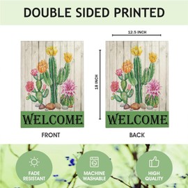 Mugod Cactus and Flower Garden Flag 12.5X18 Vertical Double Sided, Rustic Cacti Green Plant with Pink Flowers Yard Flag Burlap Banners for Seasonal Farmhouse Outside Decor