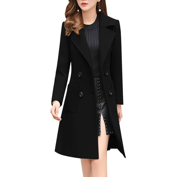chouyatou Women Elegant Notched Collar Double Breasted Wool Blend Over Coat (Large, Black)