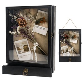 Hodeframe Shadow Box Frame with Drawer, 11"x16" Shadow Box Display Case with Real Glass, Wooden Memory Box for Pictures, Memorial, Flowers, Medals, Wedding Bouquet for Wall or Tabletop Black