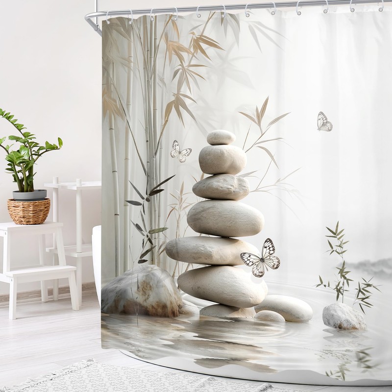 Zen Bamboo Gray Butterfly Stone Spa Pastel Bathroom Shower Curtain