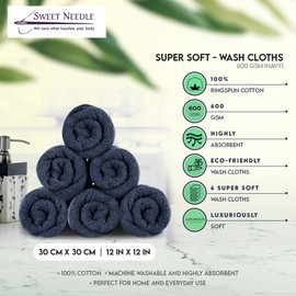 SweetNeedle Super Soft 6 Pack Waschlappen 30x30 Marine, 580 GSM - 100% Reine Ringspun Baumwolle - Luxuriöse Rayon-Besatz - Ideal für den täglichen Gebrauch - Pflegeleicht Maschine waschen