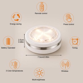 Bwaoo LED Puck Lights 6 Pack, Wireless Under Cabinet & Closet Lighting, Remote Control, 3 Lighting Modes & Brightness Dimmable, Battery Operated Touch Stick On Kitchen Cupboard Bedroom Garage