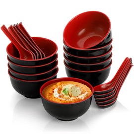 FISDEN 10 Pack Miso Soup Bowl with Spoon, Unbreakable Melamine Noodle Soup Bowls, 16 Oz BPA-Free Cereal Rice Bowl Japanese Restaurant Dinnerware for Salad, Udon