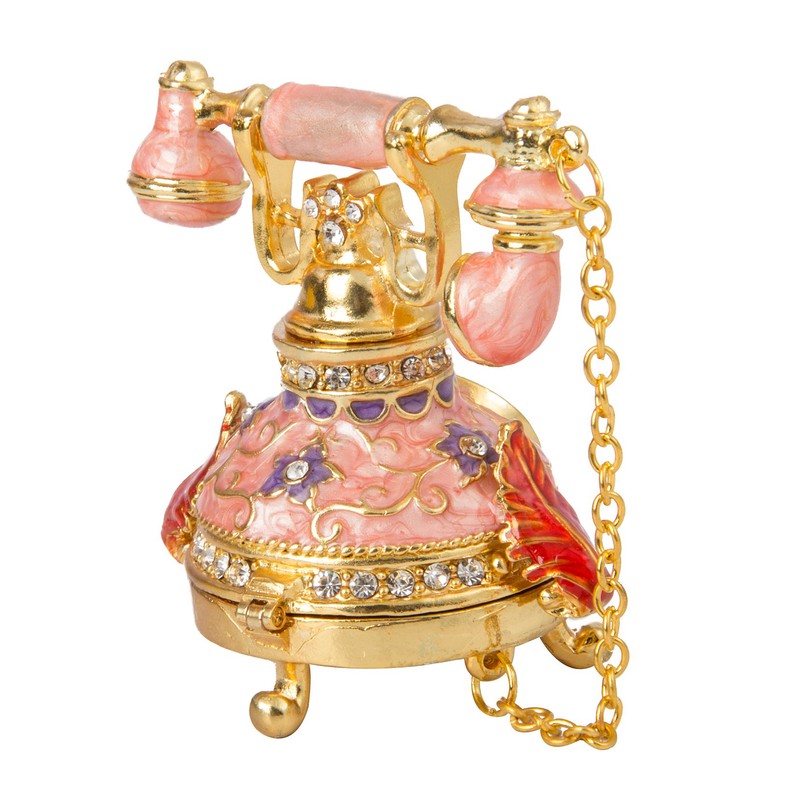 QIFU Hand Painted Pink Telephone Hinged Jewelry Trinket Box Unique