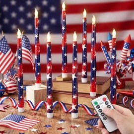 Aurelema 8 Pcs Patriotic Candles Flameless Taper Candles with Remote & Timer 4th of July American Flag Flameless Candlesticks Flickering Real Candle for Independence Day Decoration (Retro Style)