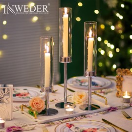 Inweder Hurricane Taper Candle Holders: Silver Glass Candlestick Holder Tall Candle Sticks Holder Decor with Glass Cover for Wedding Table Centerpiece Party Birthday Christmas Home Mantel Set of 6