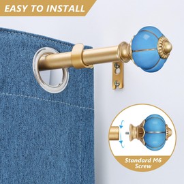 Ceramic Curtain Rods for Windows 18 to 55 Inch,1 Inch Adjustable Telescoping Drapery Rod Heavy Duty Window Treatment Single Curtain Rod Set for Bedroom,Gold Blue
