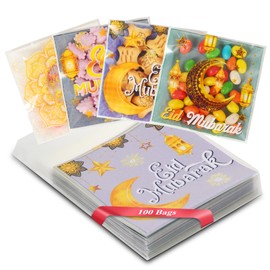 Artby7 100 Pcs Small Eid Mubarak cookie Bags, 4'' X 4'' Eid Cellophane Treat Bags Ramadan Kareem Bags Eid Moon Goodie Candy Bags Gift Bags for Eid Mubarak Party Supplies