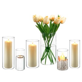 PHOSPHOR Hurricane Candle HoldersFor Pillar Candle Clear Glass Cylinder Centerpieces Vases Table Decoration Centerpiece Floral Room Decor Clear Seeded Bubbles Living Dining Kitchen 6 Pieces