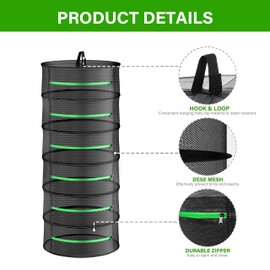 iPower 2ft 6-Layer Drying Rack Breathable Mesh Hanging Dryer with Zippers Foldable Heavy Duty Ring for Garden Plant, Free Storage Bag and Hook Included, 2 Pack, Black