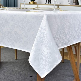 Rectangle Table Cloth - 60 x 84 Inch White Jacquard Tablecloths Damask Design Spillproof Wrinkle Resistant Shrinkproof Soft Tablecloth Polyester Oblong Table Cover for Kitchen Dinning Party Tabletop