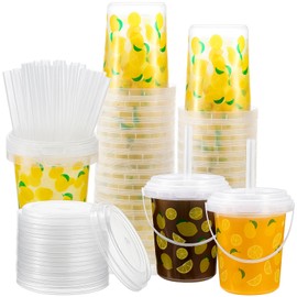 Widecook 30 Set 34oz Lemon Disposable Plastic Cups with Lids and Straws, Yellow Lemon Cold Beverage Drinking Cups for Iced Coffee Smoothie Juice Tea Bridal Baby Shower Birthday Party Supplies