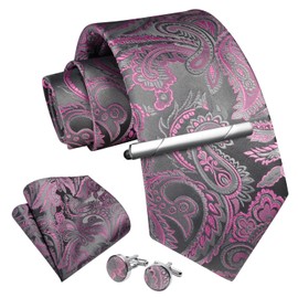 Enlision Men's Ties Pink Paisley Clip Tie and Pocket Square Cufflink Set