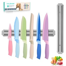 HAUSHOF Kitchen Knife Set with Magnetic Knife Strip for Wall, 6-Piece Colorful Knives Set for Kitchen, Non-Stick Coated Stainless Steel Blades for Slicing, Dicing, Magnetic Knife Holder for Storage