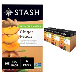 Stash Tea Ginger Peach Green Tea - Caffeinated, Non-GMO Project Verified Premium Tea with No Artificial Ingredients, 18 Count (Pack of 6) - 108 Bags Total