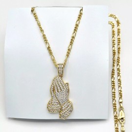 JEYFEL XP 14k Gold Plated CZ Icy Praying Hands Pendant & Figaro Chain Necklace LET'S PRAY