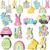 24 Pcs Wooden Spring Easter Ornaments for Tree Easter Decorations Easter Tree Ornaments Wooden Hanging Ornaments with Rope Spring Ornaments for Spring Party Decor (Egg Gnome Bunny Carrot Basket)