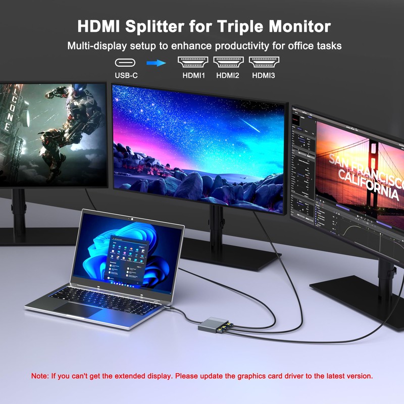 USB C to 3 HDMI Adapter with PD 100W/USB3.0, 4K@60Hz
