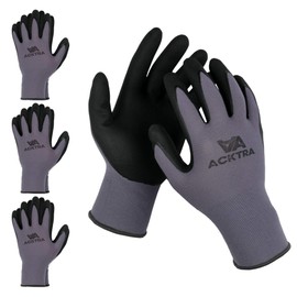 ACKTRA WG019 Safety WORK GLOVES 3 pairs, 15G Seamless Grey Nylon Spandex Shell, Black Nitrile MicroFoam Finish Coated, Comfort Fit, Power Grip, for Men and Women, Large