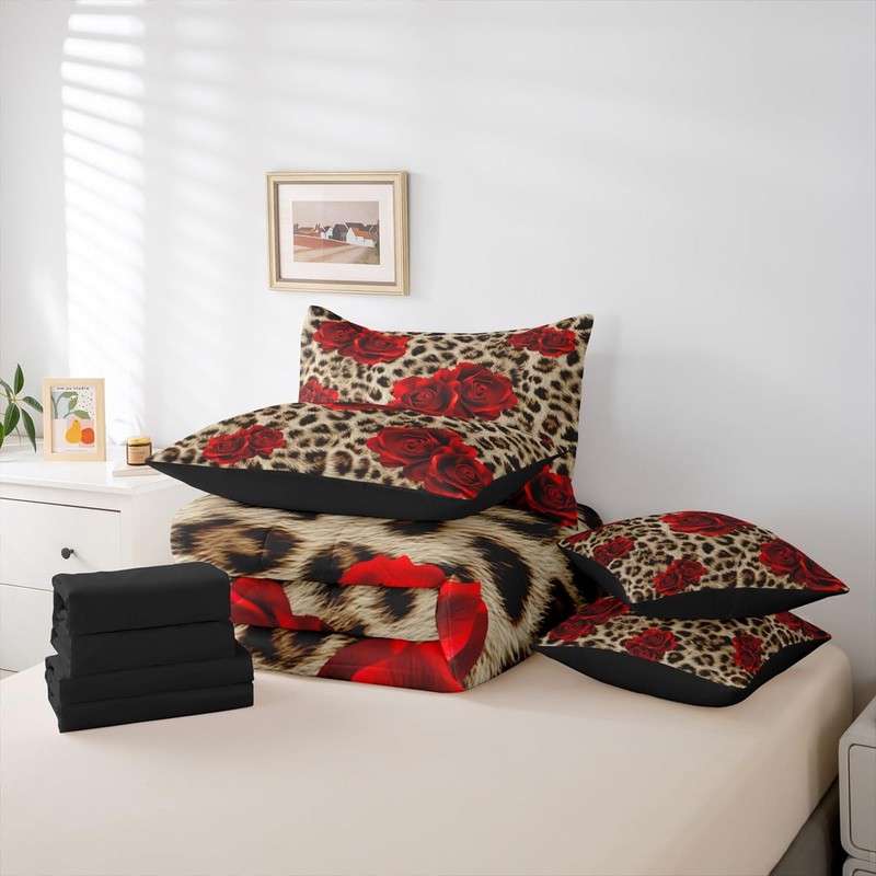 Erosebridal Leopard Print King Size Comforter Set, Red Rose 7-Piece