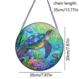 Sea Turtle Stained Glass Window Hanging, Round Ocean Coral Art Wall Decor Suncatchers for Windows, Gifts for Women, Grandma, Housewarming | Vibrant Colors, Indoor/Outdoor Décor (Blue-Turtle)
